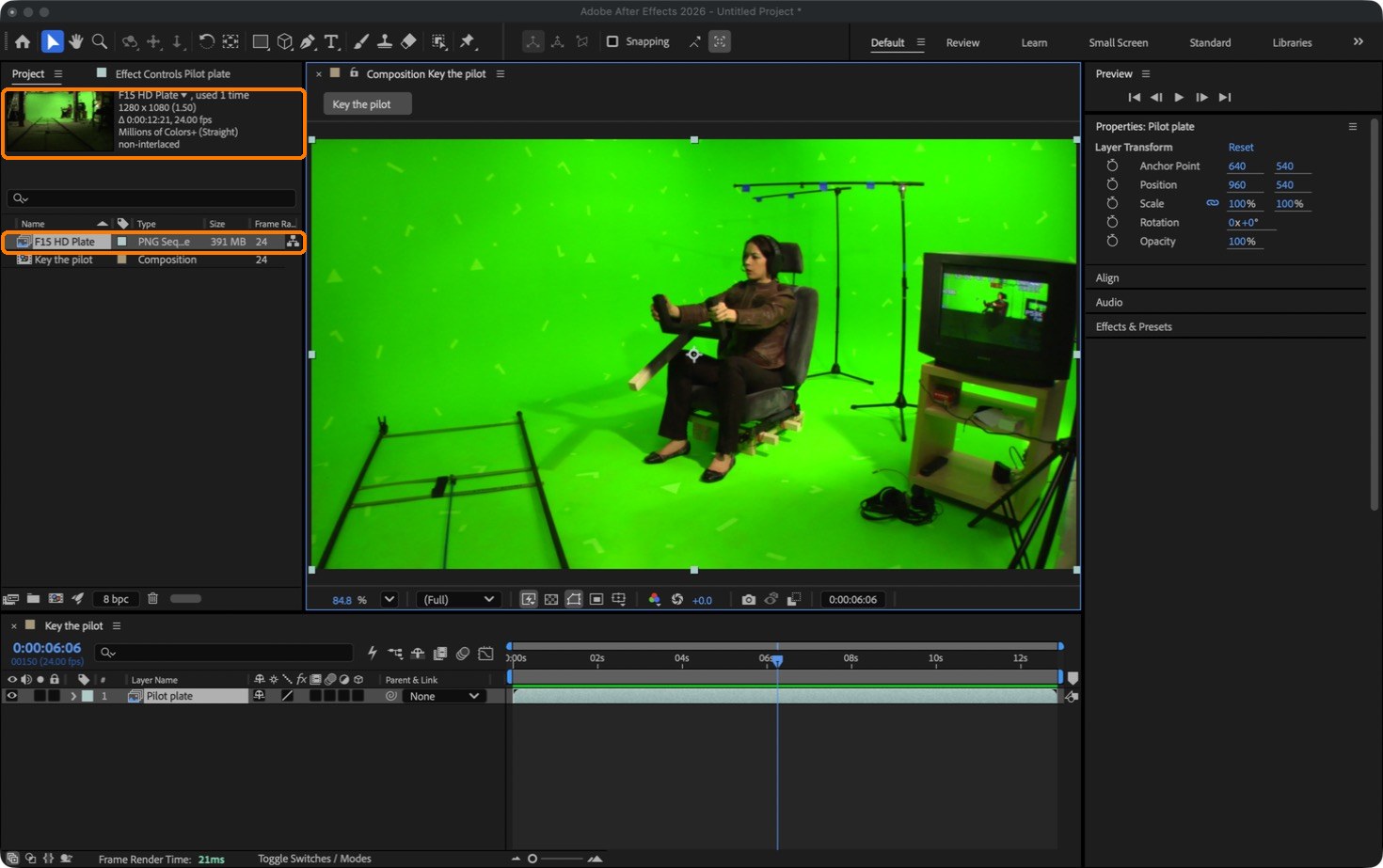 Boxes: 1280 × 1080 (1.50), 24 fps; the footage and the comp.