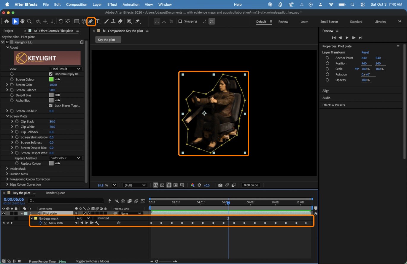 Boxes: the Pen tool, the mask outline, and the Mask Path keyframes in the timeline.