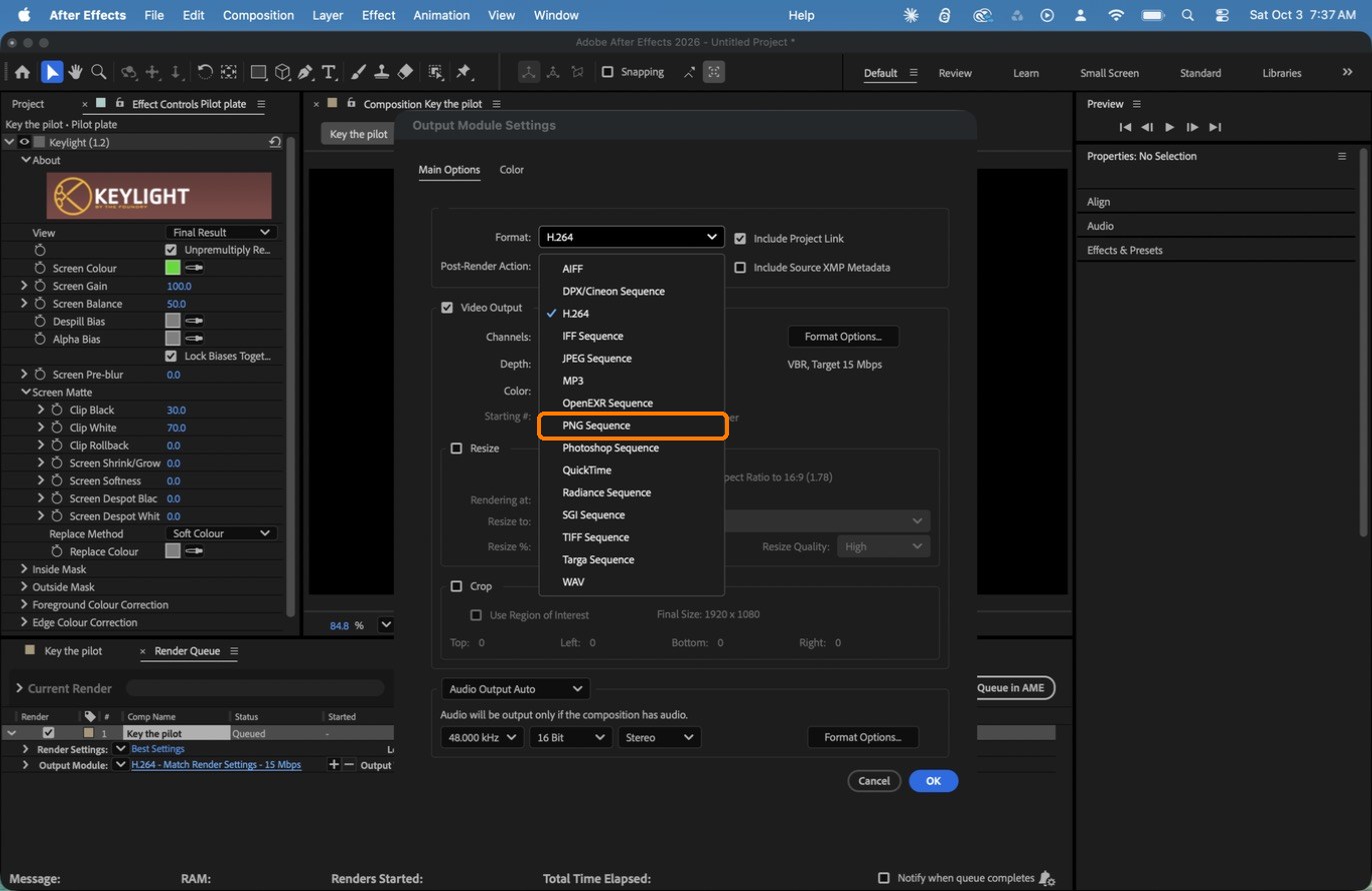 The Format list: PNG Sequence.