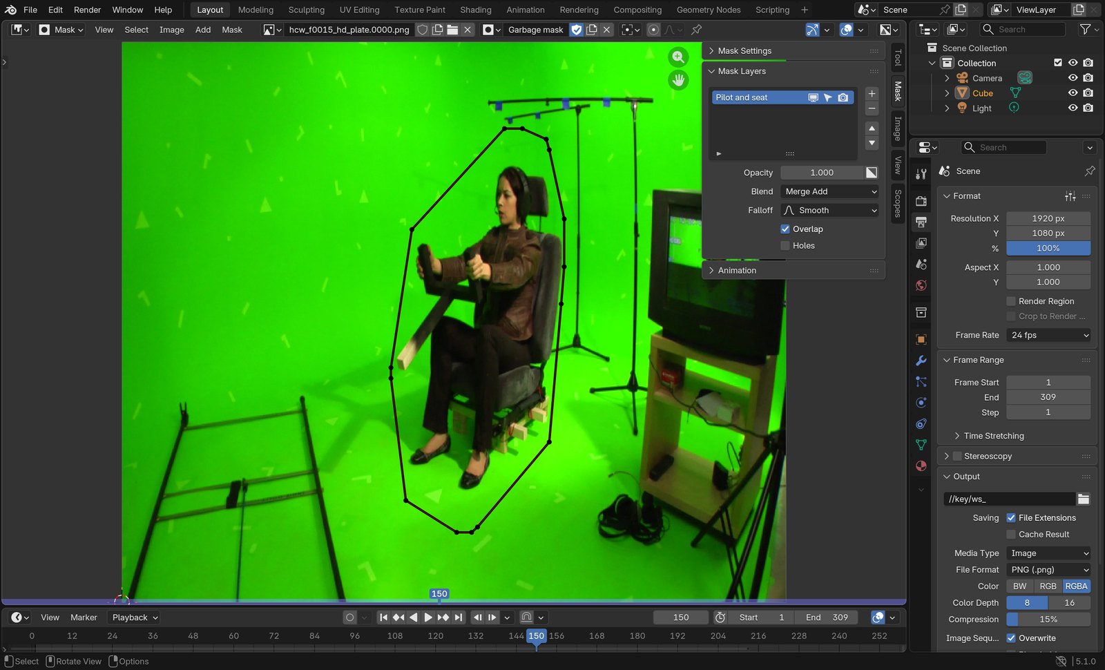 The mask at frame 150.