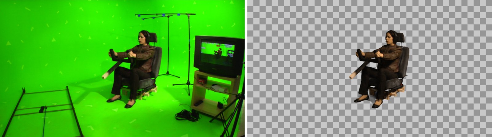 Frame 150: the plate, and the finished After Effects key (pilot and seat only) over a checkerboard.
