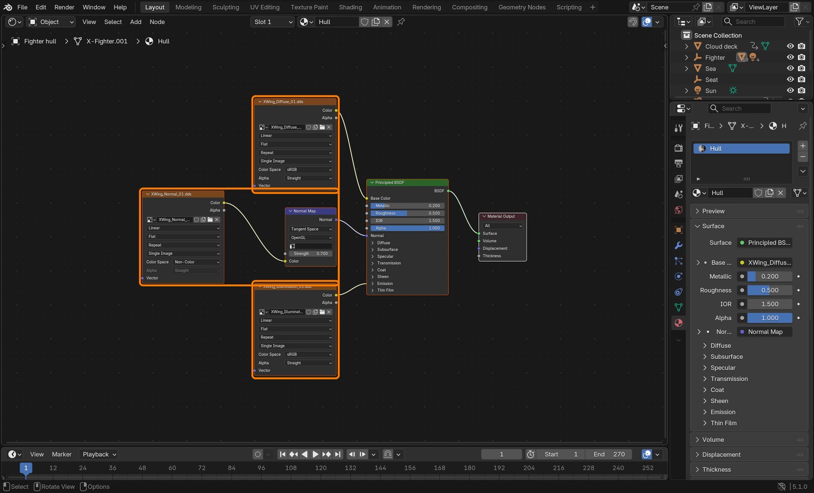 Boxes: Diffuse → Base Color; Normal (Non-Color) → Normal Map → Normal; Illumination → Emission.