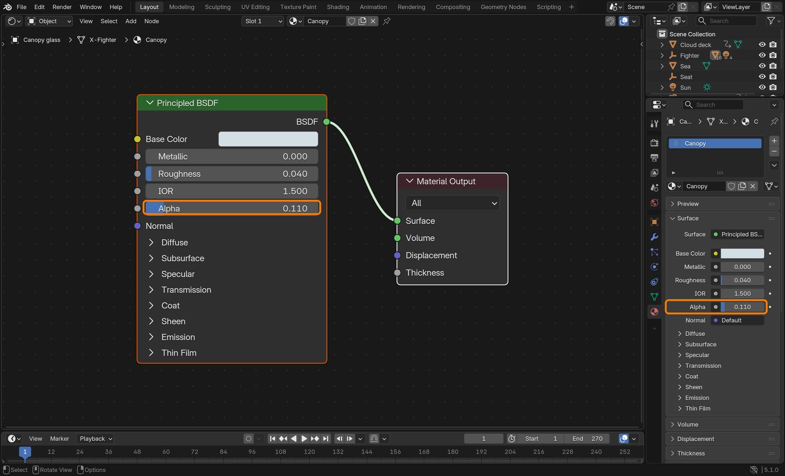 Boxes: Alpha 0.110 on the node and in the material panel.