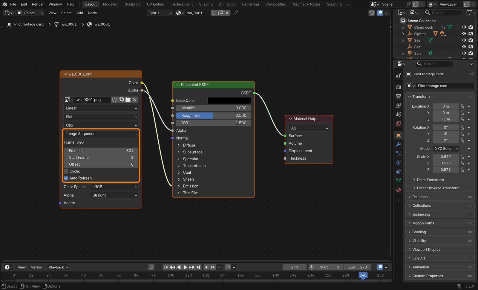 Box: Image Sequence, Frames 309, Start Frame 1, Auto Refresh.