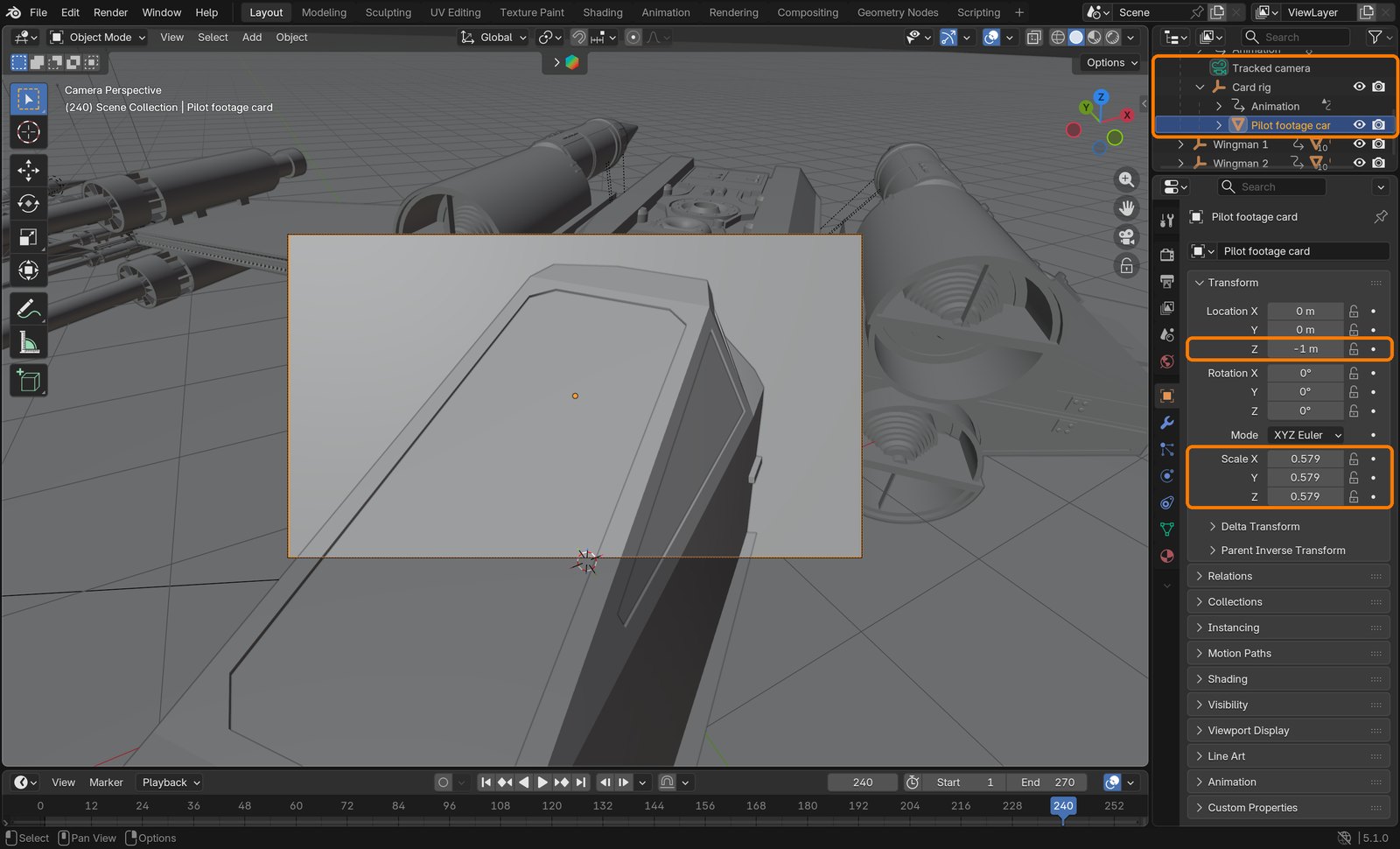 Boxes: Tracked camera › Card rig › Pilot footage card; Location Z −1 m; Scale 0.579.