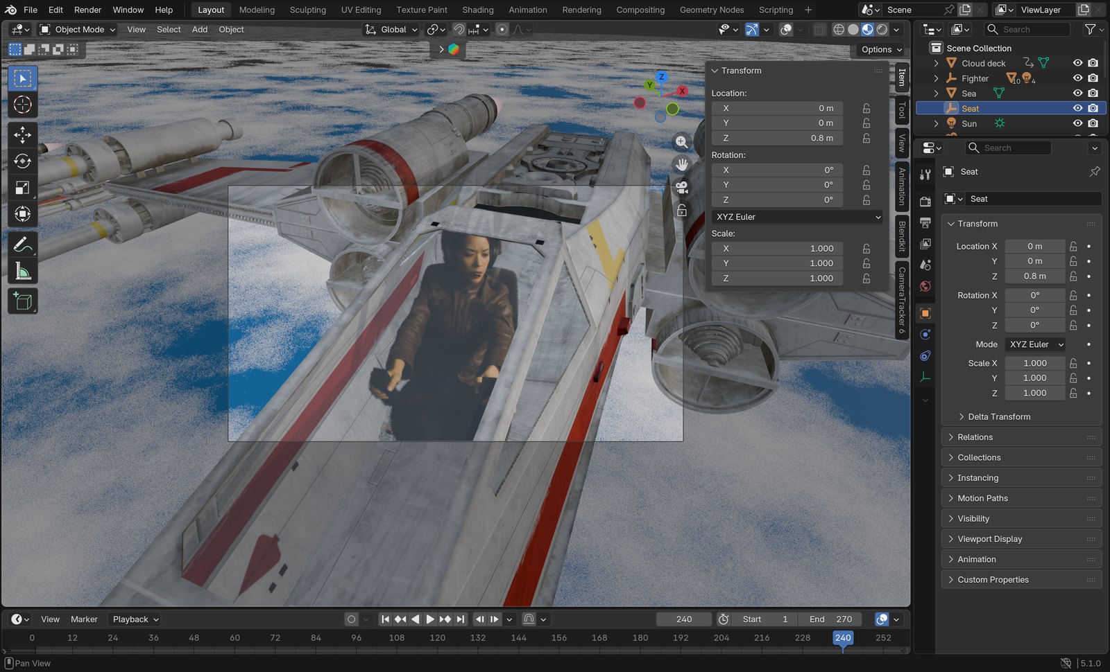 Material Preview through the camera at frame 240: she sits in the cockpit.