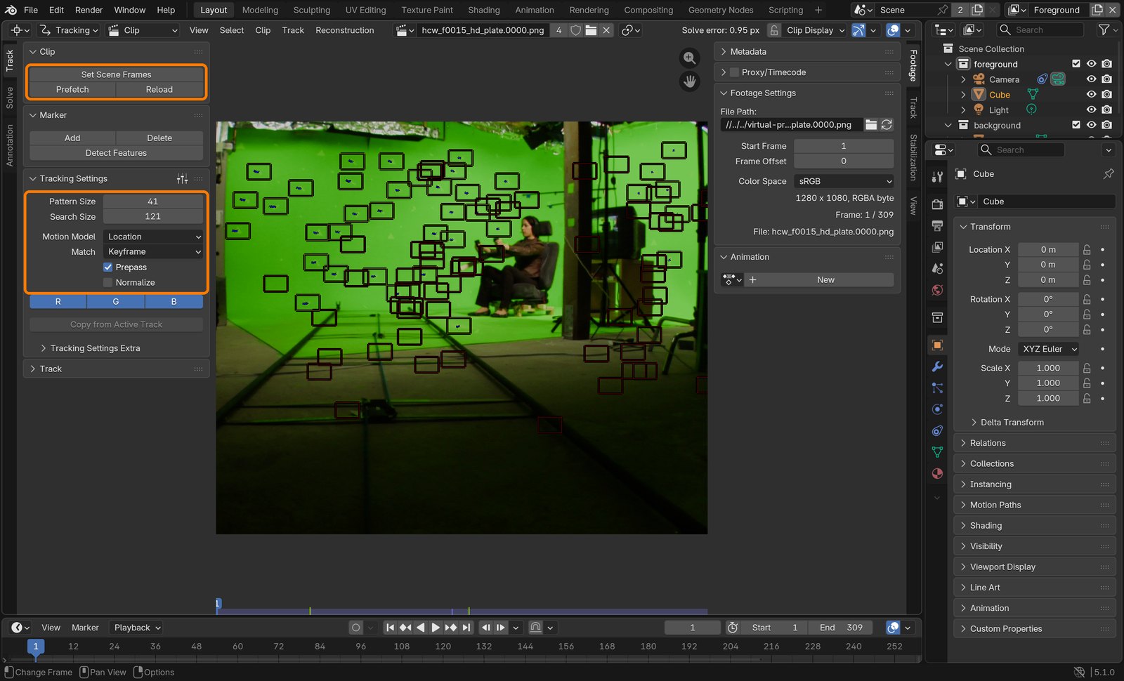 Clip panel (top box) and Tracking Settings (second box). Frame 1 is the wide shot.