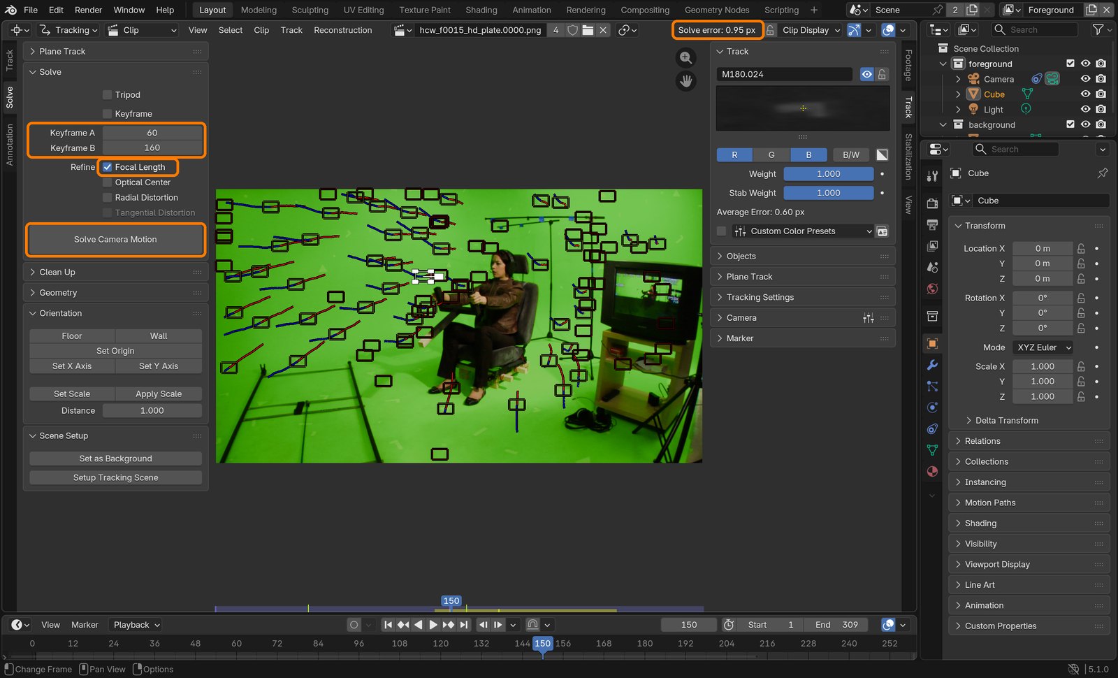 Boxes: keyframes, Refine Focal Length, Solve Camera Motion, and the result: Solve error 0.95 px.