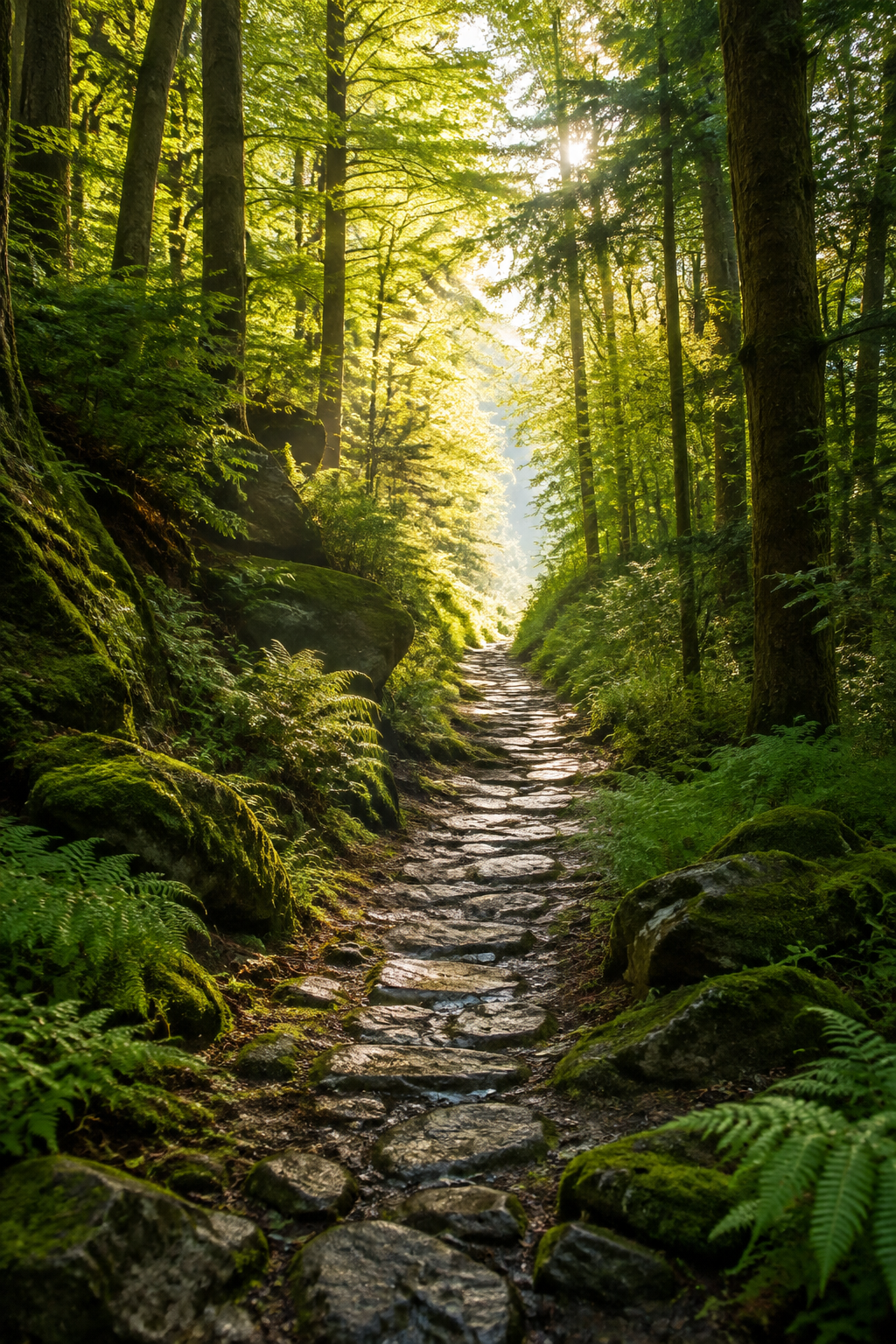 Green forest trail leading toward sunlight