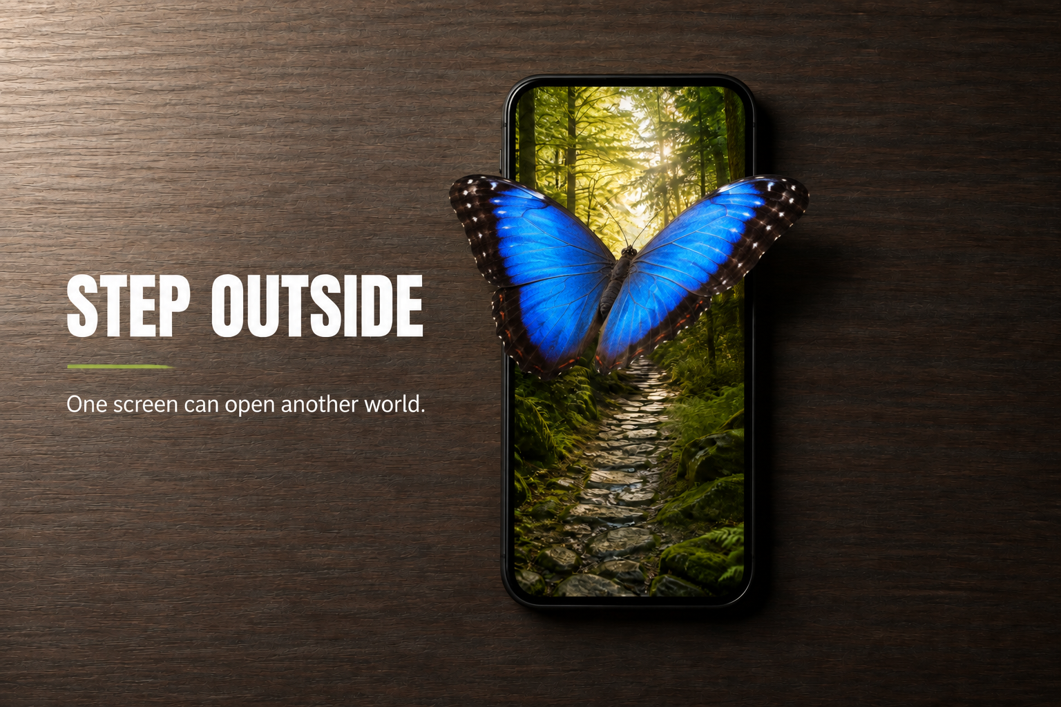 Finished Step Outside composite with a blue butterfly emerging from the forest and crossing the phone bezel.